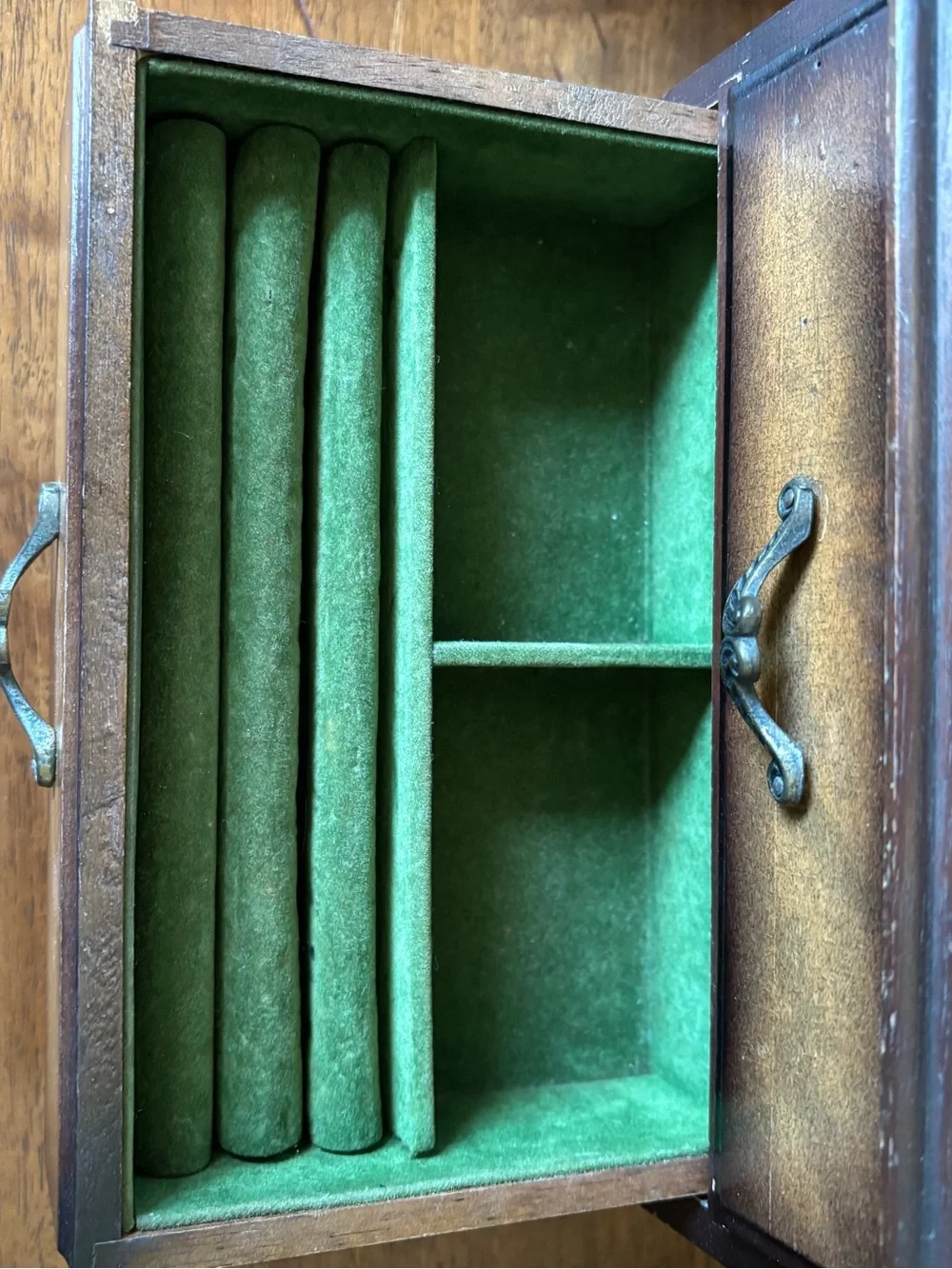 Antique wood jewelry box with drawers and metal hardware